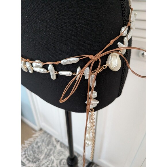 ZARA Belts Women's 2 pack Faux Pearl Shells Cord & Chain Boho Beach Hipster NEW - Picture 3 of 15